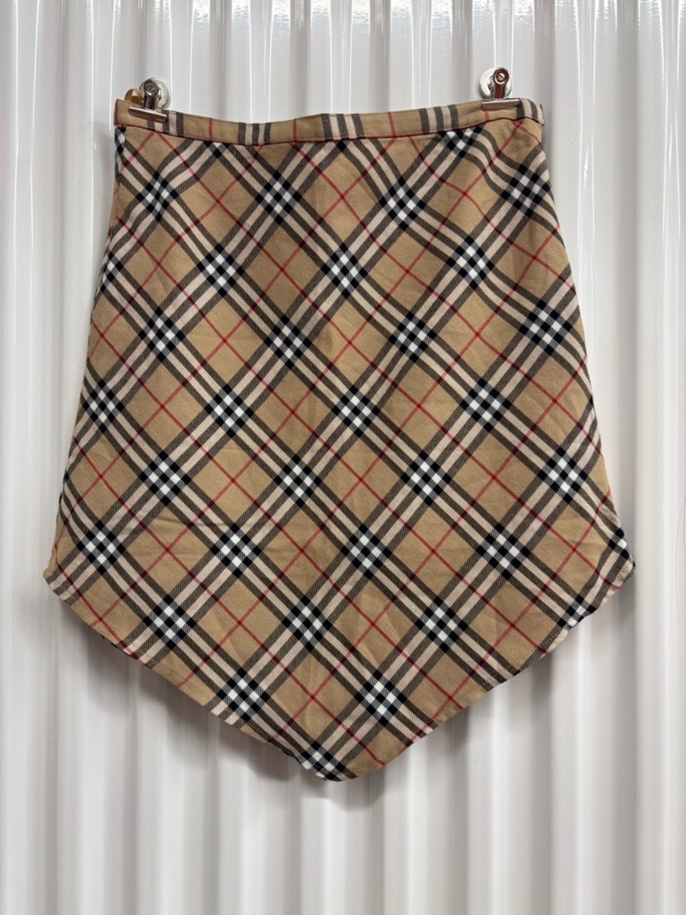 Burberry Beige Plaid Asymmetrical Mini Skirt with Red Accents